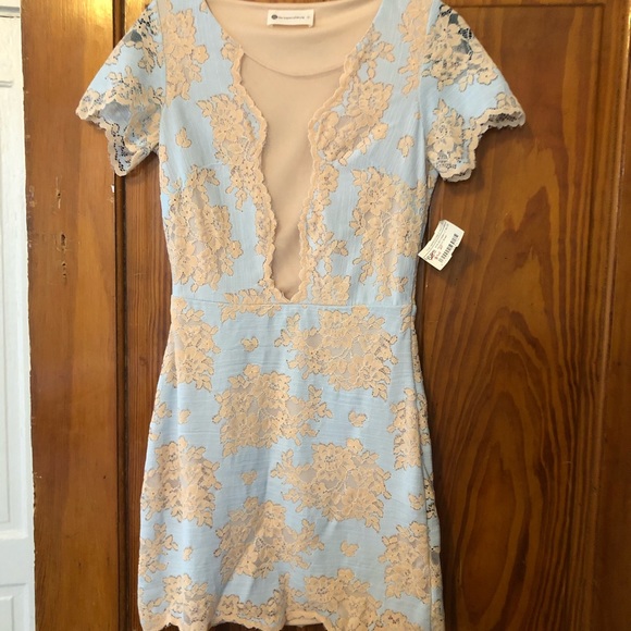 The Impeccable Pig Dresses & Skirts - Beige and light blue lace mini dress! Brand new, S